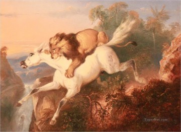 cheval attaqué par lion Peinture à l'huile